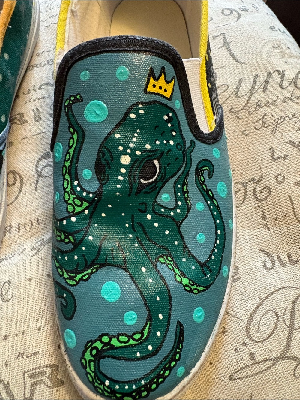 Hand-Painted Slip-On Shoes - Teal & Black Octopus & Skull. Women’s 10/Men’s 8.5